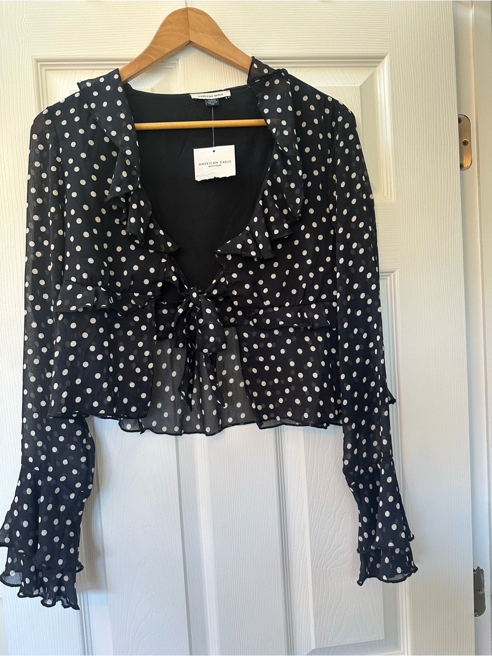 NWT American Eagle Outfitters Black Polka Dot Tie-Front Ruffle Blouse